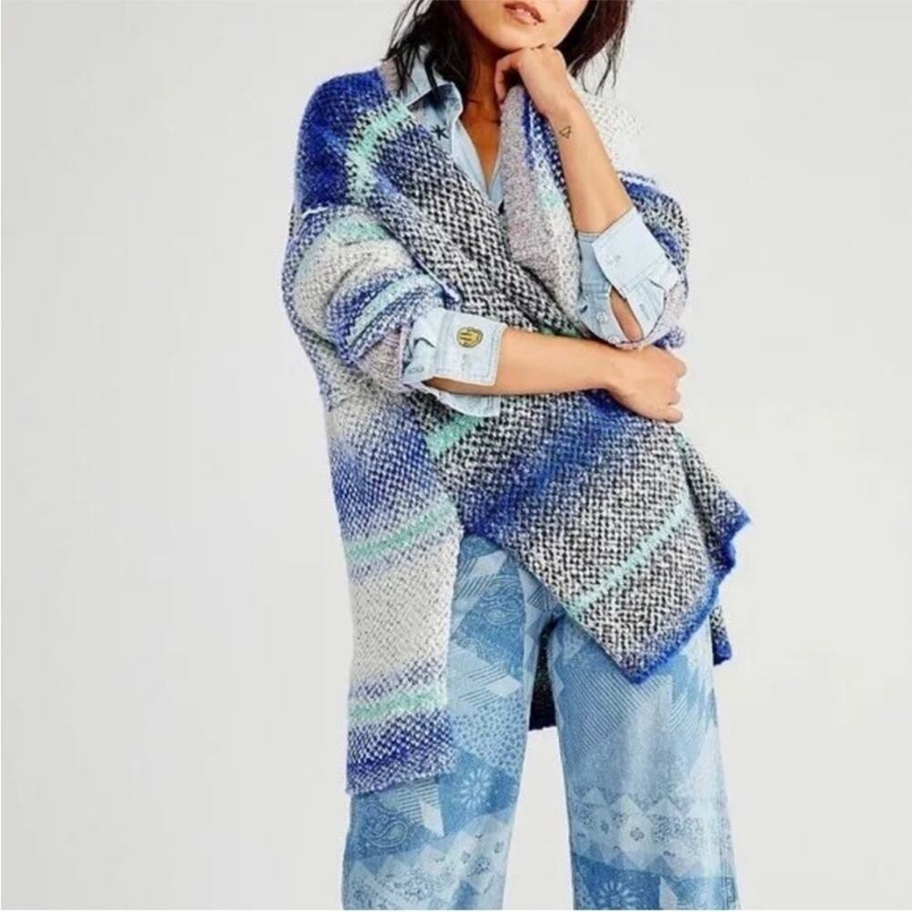 Free People Daydreamer Cardigan Blue Chunky Knit Plush Sweater Small OB1342581